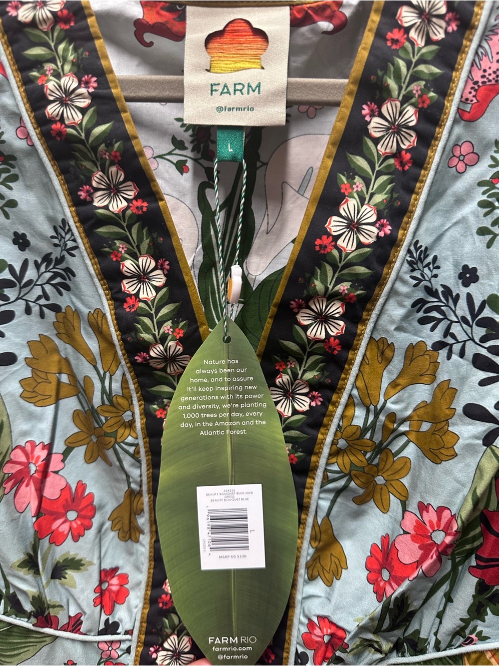 FARM Rio Floral Embroidered V-Neck Dress in Light Blue, Olive & Red - Picture 2 of 3